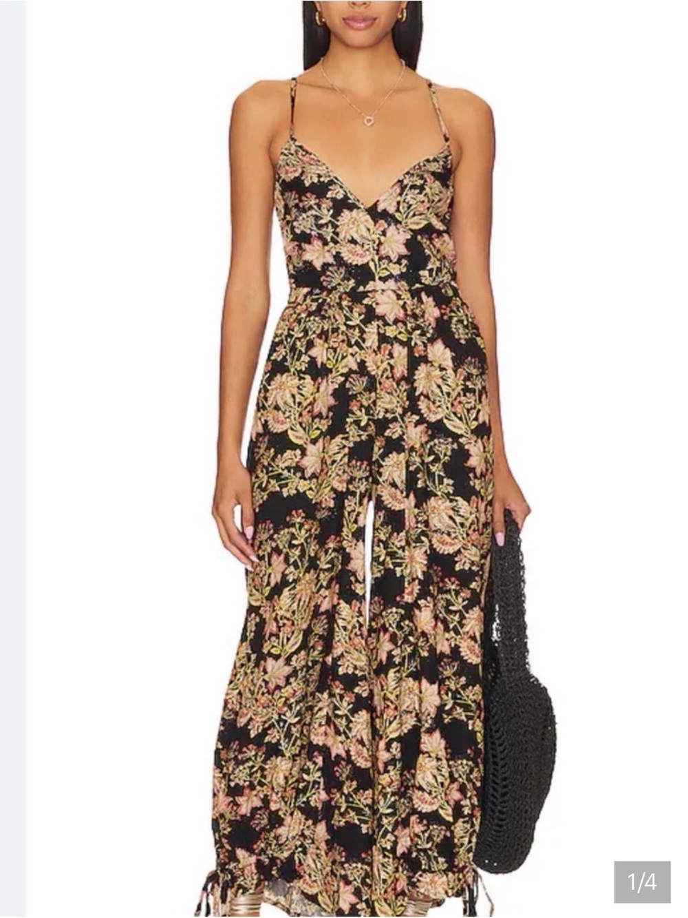 Free People Black Floral V-Neck Wide-Leg Jumpsuit with Pink and Cream Accents